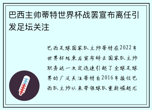 巴西主帅蒂特世界杯战罢宣布离任引发足坛关注 巴西主帅蒂特世界杯战罢宣布离任引发足坛关注